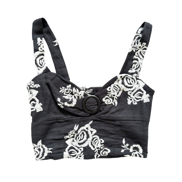 Afraid State Woman’s Small Black Embroidered Floral Print Black Crop Top - Picture 1 of 5